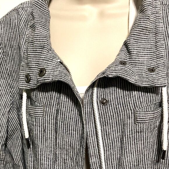 Ann Taylor LOFT Linen Pinstripe Zip Up Drawstring Pockets Jacket Womens Medium - Picture 6 of 13
